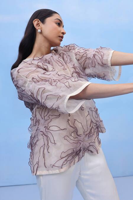 Buy Couché By Anandini Beige Silk Organza Embroidery Round Neck Grande Petal Shirt Online at Aza Fashions Buy_Couché By Anandini_Beige Silk Organza Embroidery Round Neck Grande Petal Shirt _Online_at_Aza_Fashions