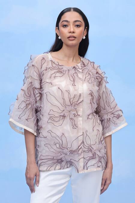 Shop Couché By Anandini Beige Silk Organza Embroidery Round Neck Grande Petal Shirt Online at Aza Fashions Shop_Couché By Anandini_Beige Silk Organza Embroidery Round Neck Grande Petal Shirt _Online_at_Aza_Fashions