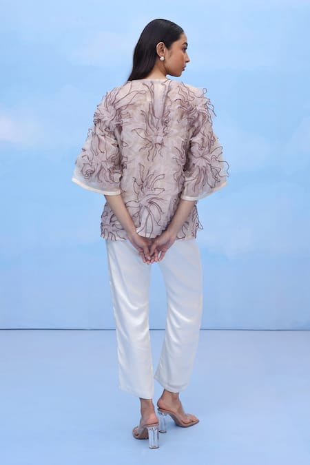 Shop Couché By Anandini Beige Silk Organza Embroidery Round Neck Grande Petal Shirt at Aza Fashions Shop_Couché By Anandini_Beige Silk Organza Embroidery Round Neck Grande Petal Shirt _at_Aza_Fashions