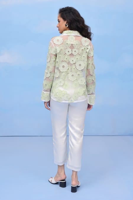 Shop Couché By Anandini Green Nylon Fabric Flowers Collared Felt Floral Embroidered Shirt at Aza Fashions Shop_Couché By Anandini_Green Nylon Fabric Flowers Collared Felt Floral Embroidered Shirt _at_Aza_Fashions