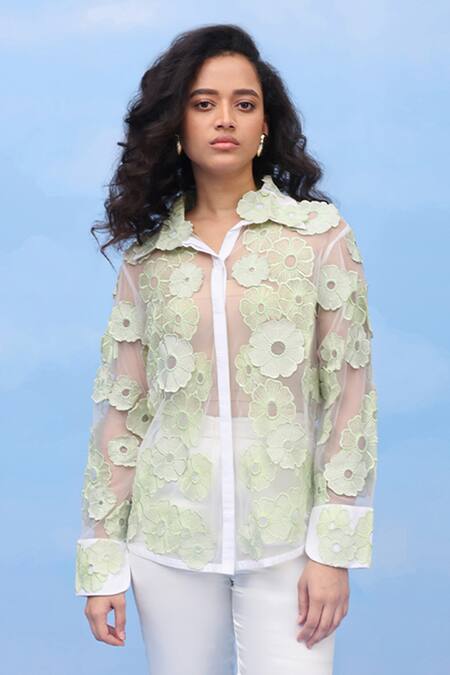 Couché By Anandini Green Nylon Fabric Flowers Collared Felt Floral Embroidered Shirt Online at Aza Fashions Couché By Anandini_Green Nylon Fabric Flowers Collared Felt Floral Embroidered Shirt _Online_at_Aza_Fashions
