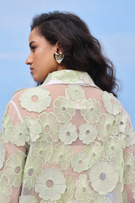 Buy Couché By Anandini Green Nylon Fabric Flowers Collared Felt Floral Embroidered Shirt Online at Aza Fashions Buy_Couché By Anandini_Green Nylon Fabric Flowers Collared Felt Floral Embroidered Shirt _Online_at_Aza_Fashions