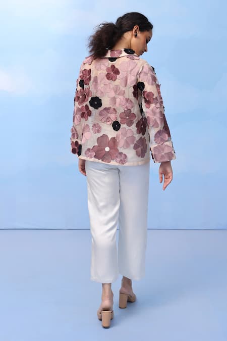 Shop Couché By Anandini Multi Color Silk Organza Embroidery Open Neck Three-tone Bloom Shirt at Aza Fashions Shop_Couché By Anandini_Multi Color Silk Organza Embroidery Open Neck Three-tone Bloom Shirt _at_Aza_Fashions