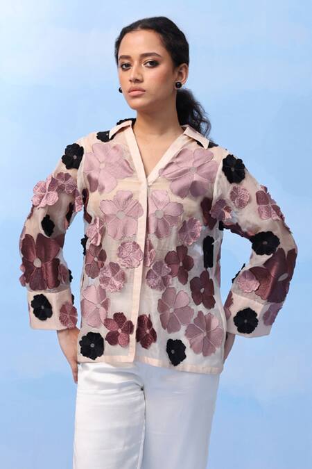 Couché By Anandini Multi Color Silk Organza Embroidery Open Neck Three-tone Bloom Shirt Online at Aza Fashions Couché By Anandini_Multi Color Silk Organza Embroidery Open Neck Three-tone Bloom Shirt _Online_at_Aza_Fashions