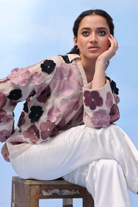 Buy Couché By Anandini Multi Color Silk Organza Embroidery Open Neck Three-tone Bloom Shirt Online at Aza Fashions Buy_Couché By Anandini_Multi Color Silk Organza Embroidery Open Neck Three-tone Bloom Shirt _Online_at_Aza_Fashions