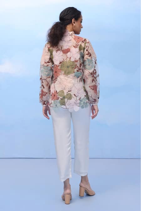 Shop_Couché By Anandini_Multi Color Silk Organza Embroidery V-neck Peonies Perfection Floral Shirt _at_Aza_Fashions
