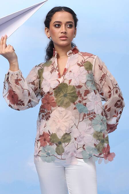 Couché By Anandini_Multi Color Silk Organza Embroidery V-neck Peonies Perfection Floral Shirt _Online_at_Aza_Fashions