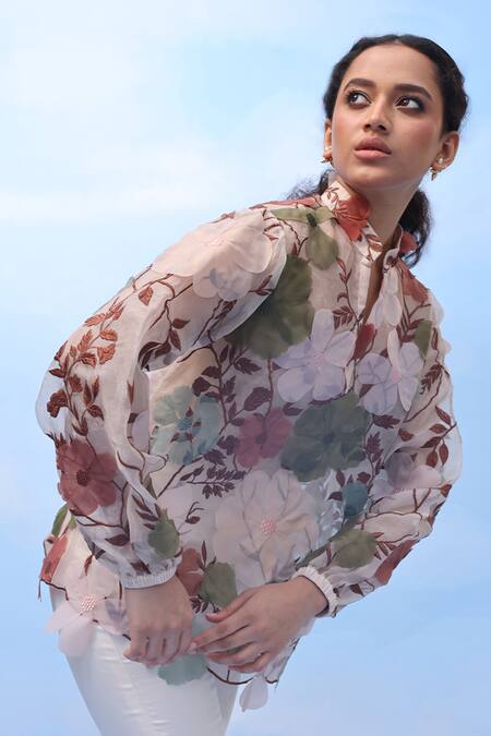 Buy_Couché By Anandini_Multi Color Silk Organza Embroidery V-neck Peonies Perfection Floral Shirt _Online_at_Aza_Fashions