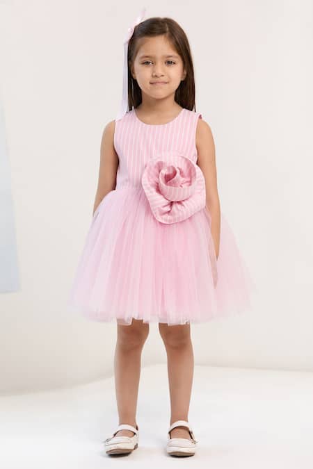 Pnk Isha Arora (Pink) Pink Cotton, Viscose Fabric Flowers Sugar Stripe Swirl Dress 