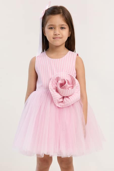 Buy_Pnk Isha Arora (Pink)_Pink Cotton, Viscose Fabric Flowers Sugar Stripe Swirl Dress _Online_at_Aza_Fashions