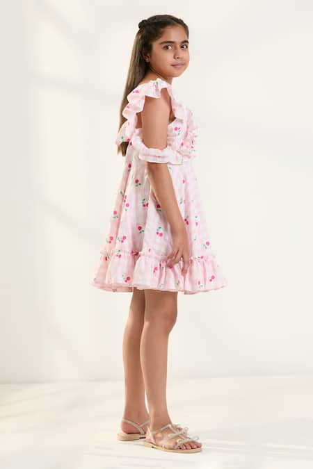 Pnk Isha Arora (Pink)_Pink Cotton Ruffles Fruity Cold-shoulder Dress _Online_at_Aza_Fashions