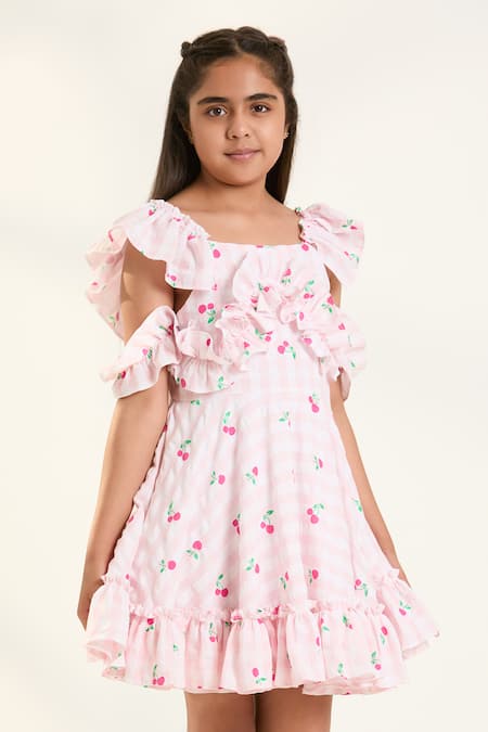 Buy_Pnk Isha Arora (Pink)_Pink Cotton Ruffles Fruity Cold-shoulder Dress _Online_at_Aza_Fashions