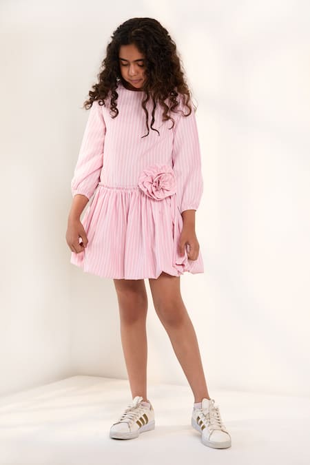 Pnk Isha Arora (Pink) Pink Cotton, Viscose Fabric Flowers Sugar Stripe Long Sleeve Dress 