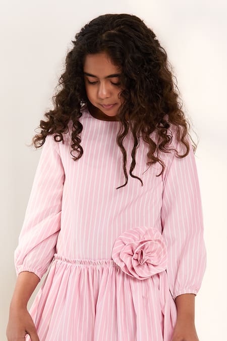 Buy_Pnk Isha Arora (Pink)_Pink Cotton, Viscose Fabric Flowers Sugar Stripe Long Sleeve Dress _Online_at_Aza_Fashions