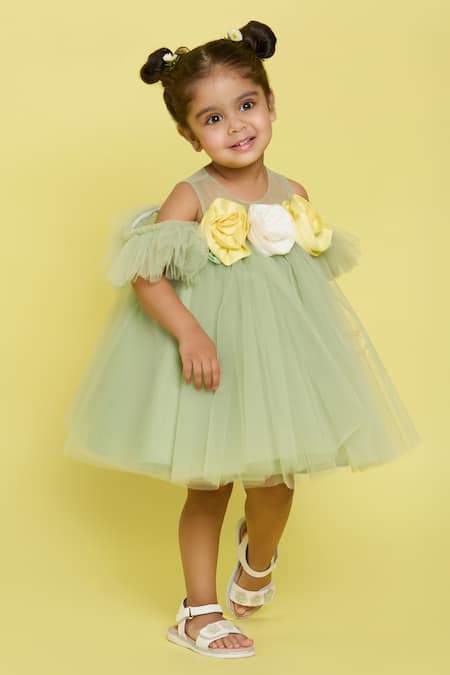 Pnk Isha Arora (Pink) Green Tulle, Lycra, Cotton Fabric Flowers Sage Garden Fairy Frock 