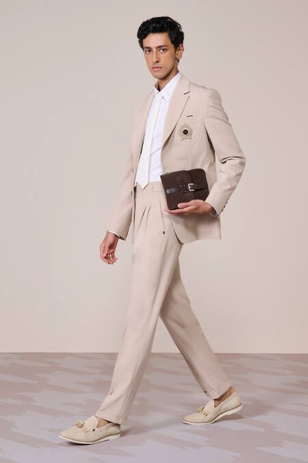 S&N By Shantnu Nikhil_Beige Rayon, Twill Embroidery Ecru Slim Fit Designer Jacket_Online_at_Aza_Fashions