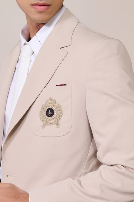 Shop_S&N By Shantnu Nikhil_Beige Rayon, Twill Embroidery Ecru Slim Fit Designer Jacket_Online_at_Aza_Fashions