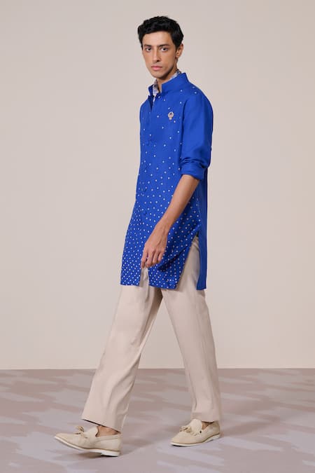 S&N By Shantnu Nikhil_Blue Rayon, Linen Embroidery Racer Kurta_Online_at_Aza_Fashions