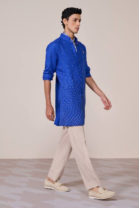Buy_S&N By Shantnu Nikhil_Blue Rayon, Linen Embroidery Racer Kurta_Online_at_Aza_Fashions