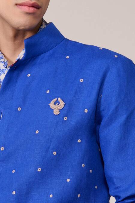 Shop_S&N By Shantnu Nikhil_Blue Rayon, Linen Embroidery Racer Kurta_Online_at_Aza_Fashions