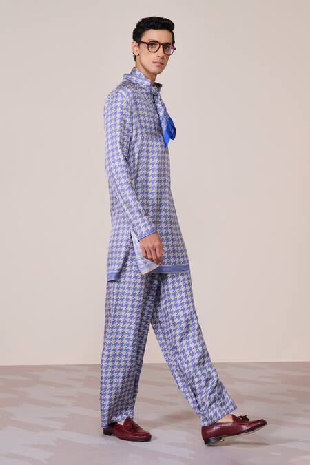 S&N By Shantnu Nikhil_Blue Silk, Twill Racer Designer Kurta_Online_at_Aza_Fashions