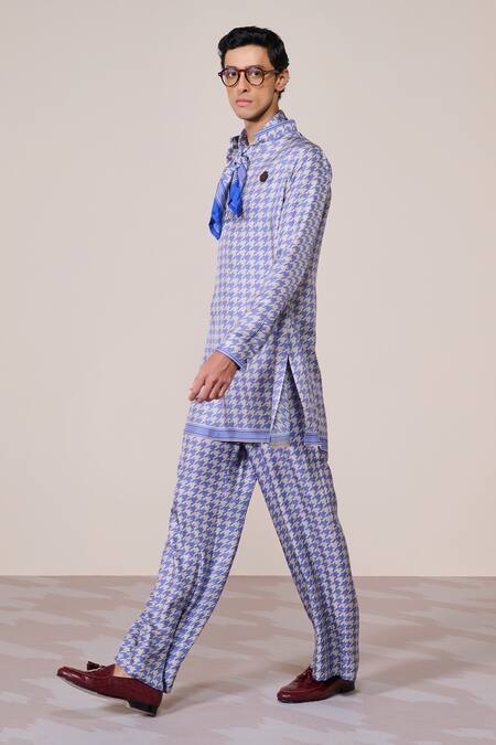 Shop_S&N By Shantnu Nikhil_Blue Silk, Twill Racer Designer Kurta_Online_at_Aza_Fashions