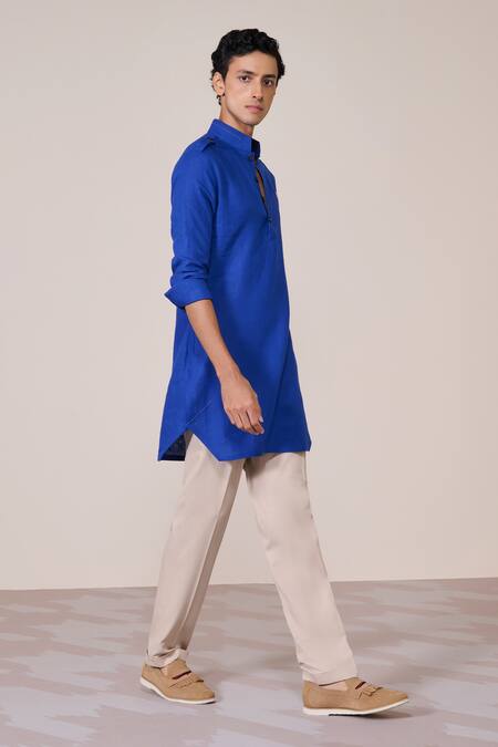 Buy S&N By Shantnu Nikhil Blue Rayon, Linen Embroidery Racer Slim Fit Kurta Online at Aza Fashions Buy_S&N By Shantnu Nikhil_Blue Rayon, Linen Embroidery Racer Slim Fit Kurta_Online_at_Aza_Fashions