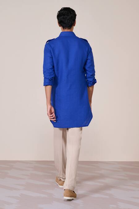 Shop S&N By Shantnu Nikhil Blue Rayon, Linen Embroidery Racer Slim Fit Kurta at Aza Fashions Shop_S&N By Shantnu Nikhil_Blue Rayon, Linen Embroidery Racer Slim Fit Kurta_at_Aza_Fashions