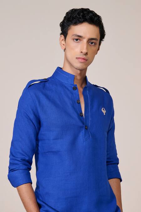 Shop S&N By Shantnu Nikhil Blue Rayon, Linen Embroidery Racer Slim Fit Kurta Online at Aza Fashions Shop_S&N By Shantnu Nikhil_Blue Rayon, Linen Embroidery Racer Slim Fit Kurta_Online_at_Aza_Fashions