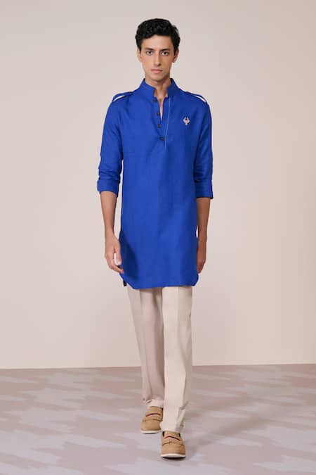 S&N By Shantnu Nikhil Blue Rayon, Linen Embroidery Racer Slim Fit Kurta 