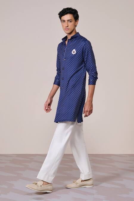 S&N By Shantnu Nikhil_Blue Jersey Embroidery Navy Polka Dot Designer Kurta_Online_at_Aza_Fashions