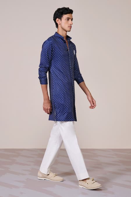 Buy_S&N By Shantnu Nikhil_Blue Jersey Embroidery Navy Polka Dot Designer Kurta_Online_at_Aza_Fashions