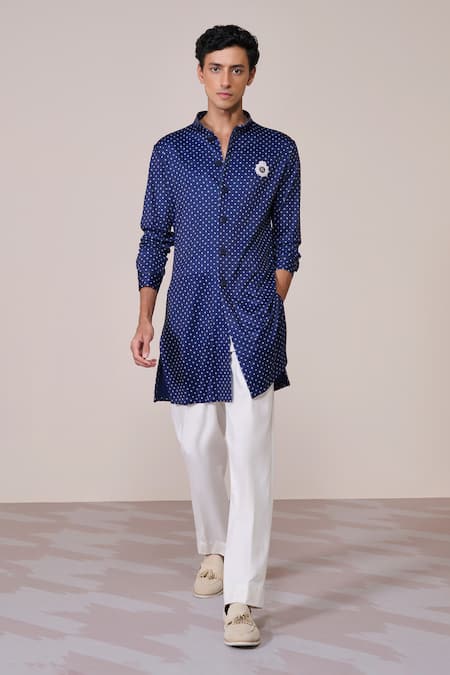 S&N By Shantnu Nikhil Blue Jersey Embroidery Navy Polka Dot Designer Kurta 