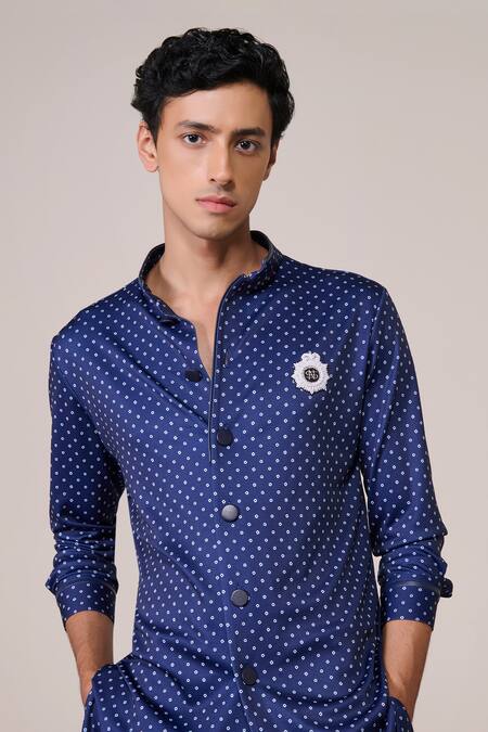 Shop_S&N By Shantnu Nikhil_Blue Jersey Embroidery Navy Polka Dot Designer Kurta_Online_at_Aza_Fashions