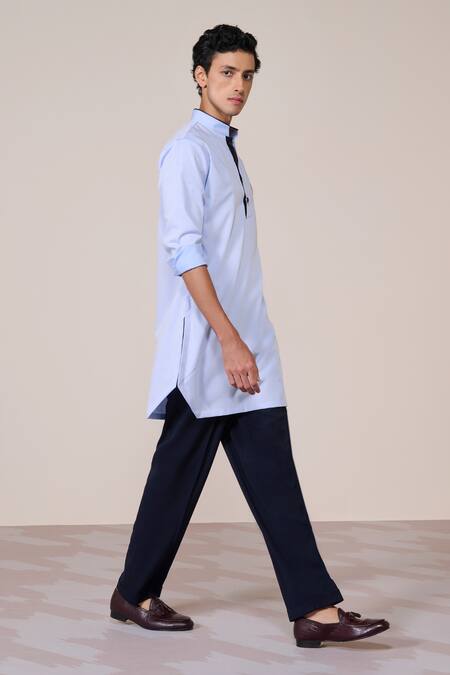 S&N By Shantnu Nikhil_Blue Cotton Embroidery Light Slim Fit Kurta_Online_at_Aza_Fashions