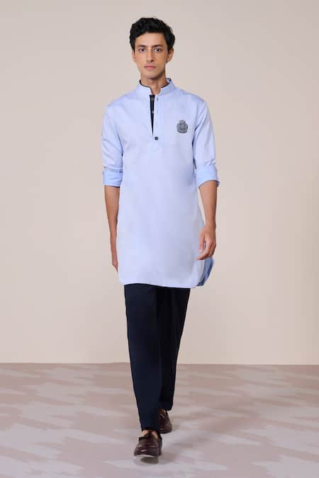 S&N By Shantnu Nikhil Blue Cotton Embroidery Light Slim Fit Kurta 