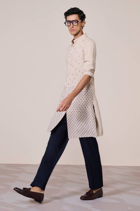 S&N By Shantnu Nikhil_Beige Rayon, Linen Embroidery Ecru Traditional Print Kurta_Online_at_Aza_Fashions