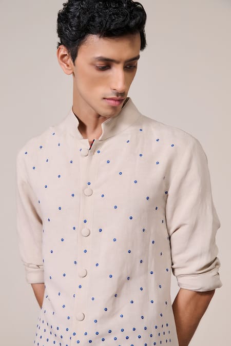 Buy_S&N By Shantnu Nikhil_Beige Rayon, Linen Embroidery Ecru Traditional Print Kurta_Online_at_Aza_Fashions