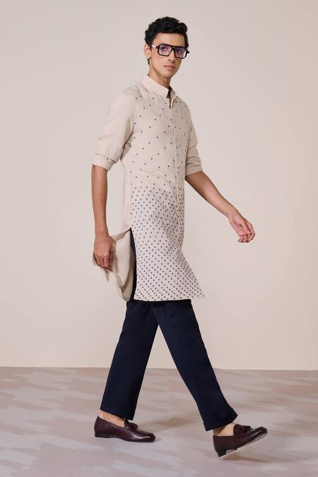 Shop_S&N By Shantnu Nikhil_Beige Rayon, Linen Embroidery Ecru Traditional Print Kurta_Online_at_Aza_Fashions