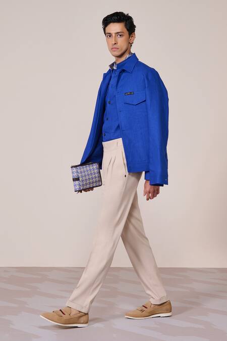 Buy_S&N By Shantnu Nikhil_Blue Rayon, Linen Racer Slim Fit Jacket_Online_at_Aza_Fashions