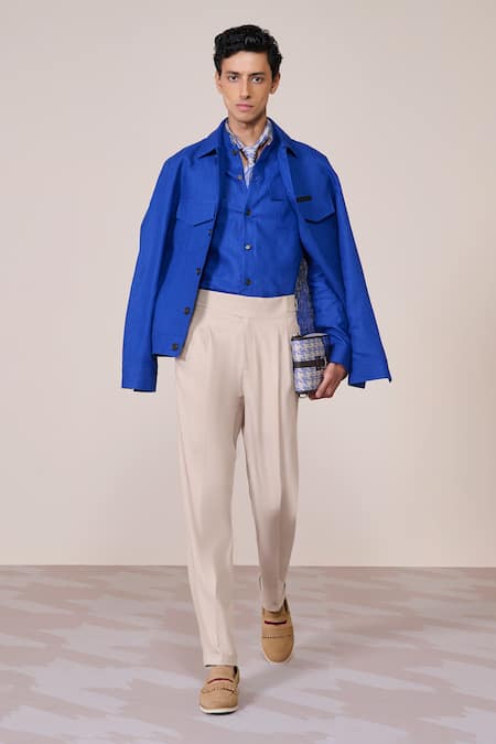 S&N By Shantnu Nikhil Blue Rayon, Linen Racer Slim Fit Jacket 