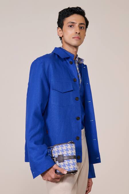 Shop_S&N By Shantnu Nikhil_Blue Rayon, Linen Racer Slim Fit Jacket_Online_at_Aza_Fashions