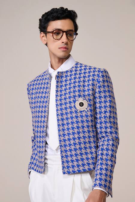 S&N By Shantnu Nikhil_Blue Rayon, Twill Brooches Houndstooth Print Racer Jacket_Online_at_Aza_Fashions