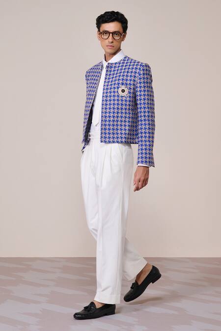 Buy_S&N By Shantnu Nikhil_Blue Rayon, Twill Brooches Houndstooth Print Racer Jacket_Online_at_Aza_Fashions