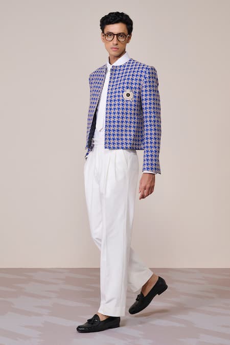Shop_S&N By Shantnu Nikhil_Blue Rayon, Twill Brooches Houndstooth Print Racer Jacket_Online_at_Aza_Fashions