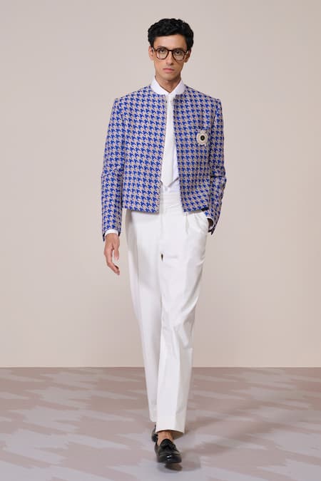 S&N By Shantnu Nikhil Blue Rayon, Twill Brooches Houndstooth Print Racer Jacket 