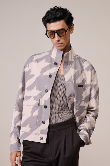 S&N By Shantnu Nikhil Brown Rayon, Twill Khaki Houndstooth Print Designer Jacket Online at Aza Fashions S&N By Shantnu Nikhil_Brown Rayon, Twill Khaki Houndstooth Print Designer Jacket_Online_at_Aza_Fashions