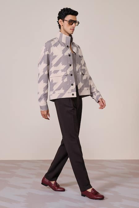 Buy S&N By Shantnu Nikhil Brown Rayon, Twill Khaki Houndstooth Print Designer Jacket Online at Aza Fashions Buy_S&N By Shantnu Nikhil_Brown Rayon, Twill Khaki Houndstooth Print Designer Jacket_Online_at_Aza_Fashions