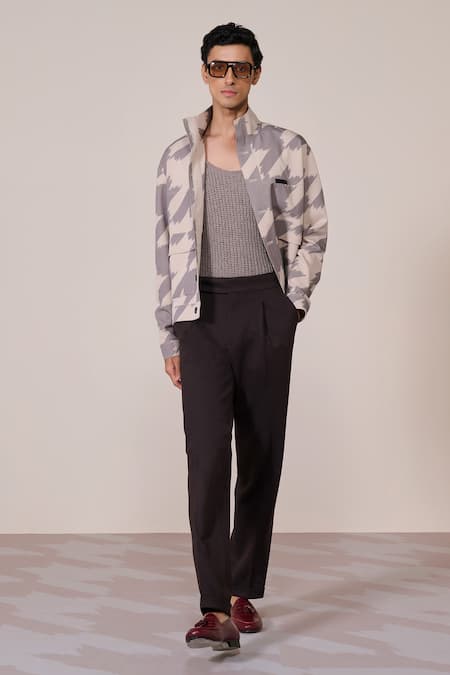 S&N By Shantnu Nikhil Brown Rayon, Twill Khaki Houndstooth Print Designer Jacket 