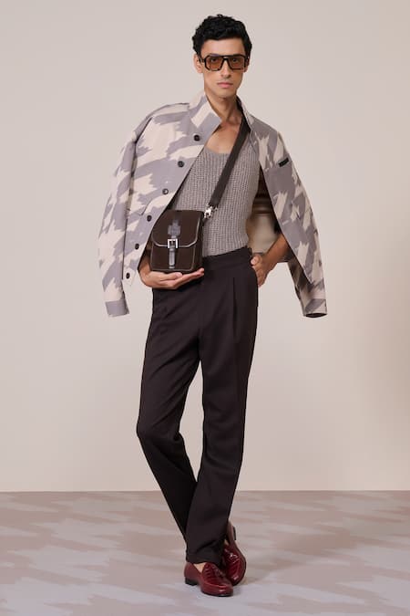 Shop S&N By Shantnu Nikhil Brown Rayon, Twill Khaki Houndstooth Print Designer Jacket Online at Aza Fashions Shop_S&N By Shantnu Nikhil_Brown Rayon, Twill Khaki Houndstooth Print Designer Jacket_Online_at_Aza_Fashions